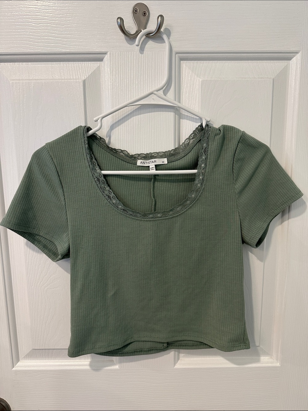 ANTISTAR Olive Green Ribbed Lace-Trim Scoop Crop Top